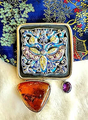 Amy Kahn Russell Huge One Of A Kind  Baltic Amber Amethyst S/s Pin/pendant • $1399
