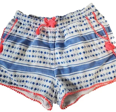 Mini Boden Girls 9 Shorts White Boho Vacation Tassels Blue Printed Mini Cotton  • $11.99