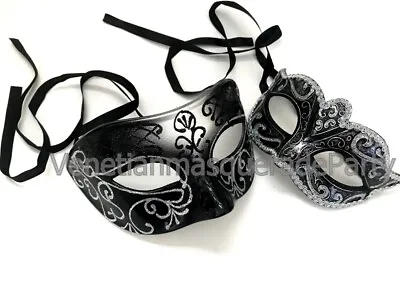 Black Silver Masquerade Ball Mask Pair Costume Formal Reunion Black Tie Party • $16.15