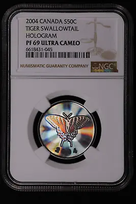 2004 CANADA Silver 50 Cents - TIGER SWALLOWTAIL BUTTERFLY HOLOGRAM - NGC PF69 UC • $115