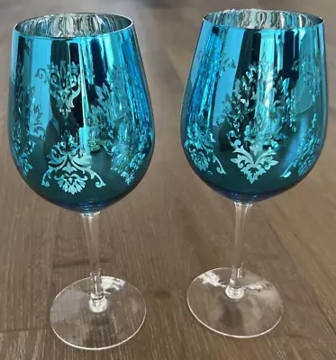 Set Of 2 - Turquoise Blue  Mirrored Mercury Glass  Wine Goblets - 9 3/4  Tall • $37.50