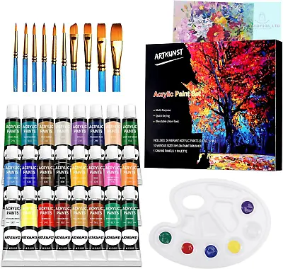 ARTKUNST Acrylic Paint Set 24 Rich Pigment Colors With 10 Art Brushes For Wood • £17.06
