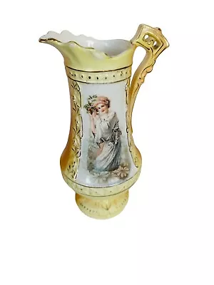 Vintage Porcelain Pitcher Transferware & Hand Painted Woman Floral 8.5” • $9.99