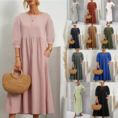 1/2 Sleeve Cotton Linen Sundress Womens Summer Loose Fit Dress Ladies Summer • £12.99