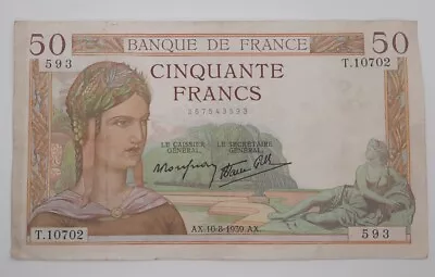 1939 - Banque De France - 50 (Fifty) French Francs Banknote Bill No. T10702 593 • £44.69