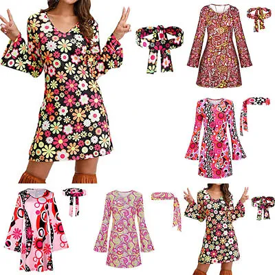 Women Floral Hippie 60s 70s Hippy Flower DressUp Costume Flares Adult Outfit • £12.71
