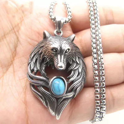 Mens Stainless Steel Turquoise Wolf Head Pendant Necklace For Young Men Women • $7.99