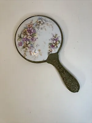 VTG Early Repousse Floral Handle Hand Painted Porcelain Hand Held Beveled Mirror • $50