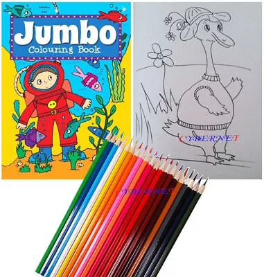 A4 JUMBO CHILDREN'S COLOURING BOOK Fun Pictures Learning 150 Pgs + 20 PENCILS • £6.99