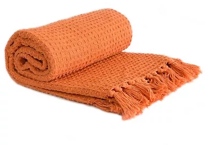 100% Cotton Honeycomb Throw Tassel Chair Sofa Bed Blanket Bedspread Orange New • £10.95