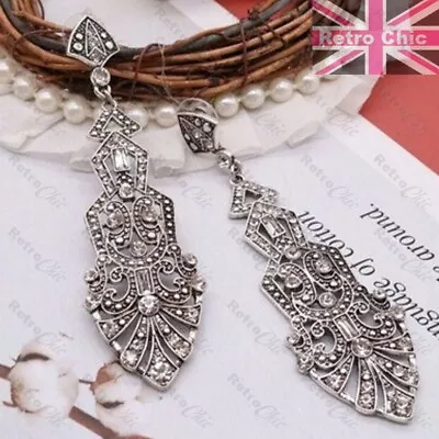 8cm Big Earrings Antique Silver Ornate Crystal Flapper Gatsby Art Deco 20s Style • £5.99