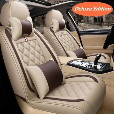 $117.80 • Buy Beige Luxury PU Leather Car Seat Covers Full Surrounded Seat Cushions W/ Pillows