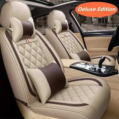 Beige Luxury PU Leather Car Seat Covers Full Surrounded Seat Cushions W/ Pillows • $92.27