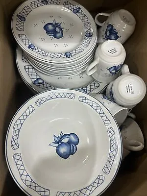 Vintage Stoneware Dinnerware Set Cape Cod Blue And White Apples 40 Piece Set • $65