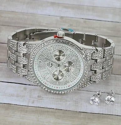 Men's Iced Lab Diamond Luxury Bezel & Band Watch - Free Earrings • $27.54