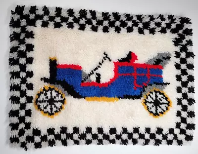 Vintage Latch Hook Classic Car Floor Rug Mat Model T Handmade Folk Art 26x19 • $14.96