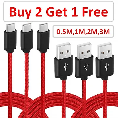 Heavy Duty Braided Type C USB Charger Cable 0.5M 1M 2M 3M Fast Charging RED • £1.99