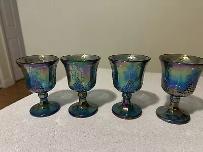 Set Of 4 Vintage Indiana Glass Harvest Carnival Blue Water Goblets Grapes 1970's • $30