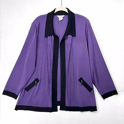 Misook Cardigan Women 3X Purple Black Open Front Collared Padded Shoulders Vtg • $48