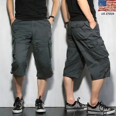 Mens Cargo Capri Short Pants Rope Baggy Camo Long Work Short Pant Elastic Waist • $25.99