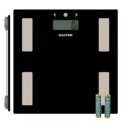 Salter Bathroom Fitness Scale Body Analyser Weight BMI Fat/Water Glass Black • £22.99