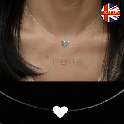Floating Invisible Sterling Silver Heart Pendant Choker Clear Necklace Jewelry • £3.99