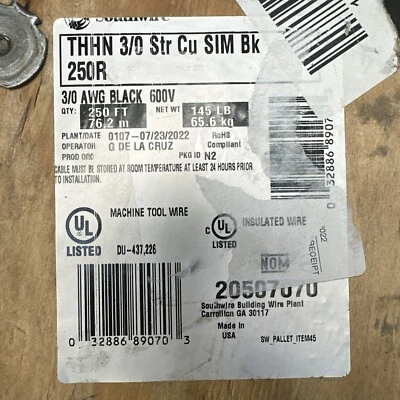 $129.99 • Buy 32ft-3/0 AWG Stranded Copper THHN/THWN-2 Building Wire 600V Black