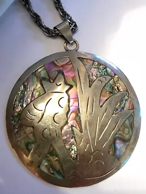 Vintage Hecho En Mexico (Hechoen) Bird Owl Abalone Pendant Silver Necklace 15L • $69.99