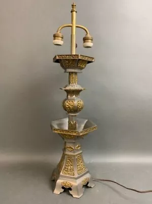 Beautiful Vintage Chinese Pewter & Gilded Brass Pagoda Tower Table Lamp (c 1940s • $75