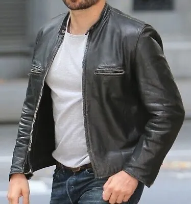 Men's Bradley Cooper Slim FIt Biker Black Sheepskin Leather Motorcycle Jacket • £75.99