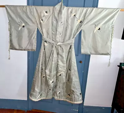 Antique Japanese Wedding Kimono Uchikake Blue Grey With White Embroidered Birds • $199.99