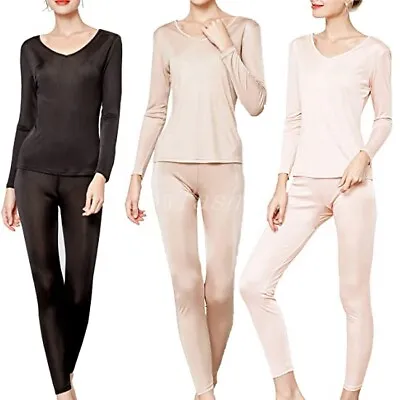 $32.90 • Buy Women Mulberry Silk Pajamas Thermal Long Johns V Neck Underwear Top & Bottom Set
