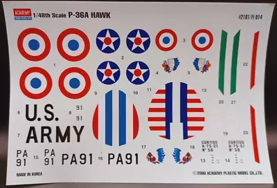 Academy | No. 2181 | 1:48 P-36A Hawk Decals • $12