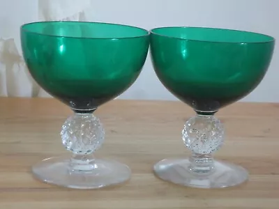 SET OF TWO Morgantown Crystal GOLF BALL GREEN (emerald) Low Stem Sherbet Glasses • $17.99