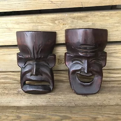 £19.99 • Buy Carved Wooden Japanese NOH Theatre Mask - HAPPY & SAD