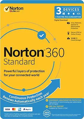 LATEST Norton 360 Standard 3 Device 1 Year PC Windows Mac Android IOS VPN 2024 • $14.50