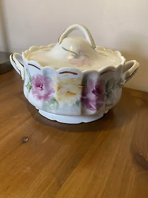 Vintage Hand Painted Floral Round Porcelain Casserole Covered Dish Signed • $19.95