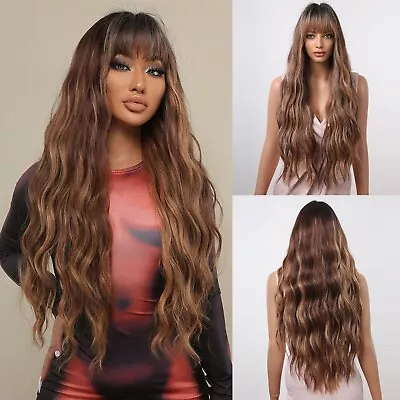 Natural Gradient Brown Big Wavy Long Hair Wig - Realistic Synthetic Hairpiece • $15.99