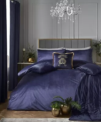 Luxury Velvet Duvet Cover Laurence Llewelyn Bowen Quilt Bedding Set King Navy • £46.95