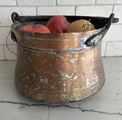 Vintage Handmade Copper Pot With Folded Handle Hammered Primitive Wood Fruit • $75