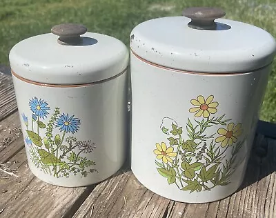 Retro Ransburg Vintage Floral 2 Piece Metal Canister Set Daisy & Forget Me Nots • $18.90