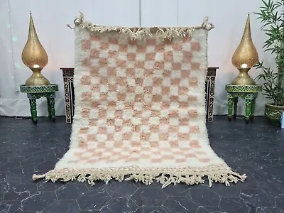 Moroccan Handmade Beni Ourain Rug 3'6x4'7  Berber Checked White Pink Carpet  • $303