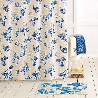 $18.99 • Buy Sonoma Seabrook Blue & Beige Ocean Beach Sea Shells Fabric Shower Curtain NEW