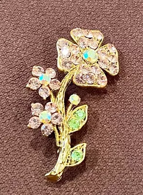 Vintage Floral Pink & Green Rhinestone Goldtone Brooch Pin • $10.99