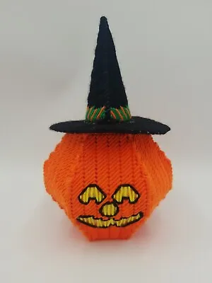 Vintage Halloween Cross Stitch 3D Plastic Canvas Pumpkin W/Black Pointed Hat • $9.99