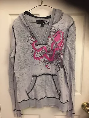 Fox Racing Distressed Gray Pull Over Hoodie With Pink Logo Women’s Sz XL • $17