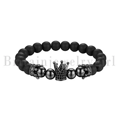 8mm Luxury CZ Crown Charm Bracelet For Men Women Black Matte Onyx Stone Beads • $10.99
