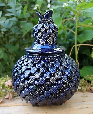 Pineapple Pot Blue & Black Spiral Glaze Clay Handmade Michoacan Mexican Folk Art • $150