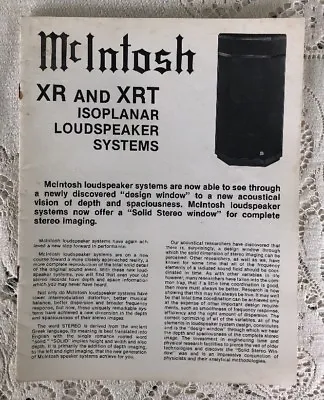 Mcintosh Xr And Xrt Loudspeaker Systems Original Promotional Literature M212 • $12.95