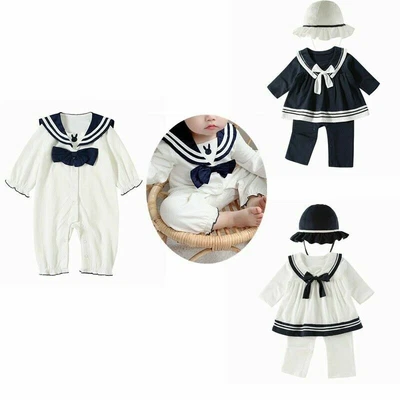 Baby Girls Romper Stylish Sailor Navy Bodyusit Long Sleeve Jumpsuit Hat Outfits • £6.19